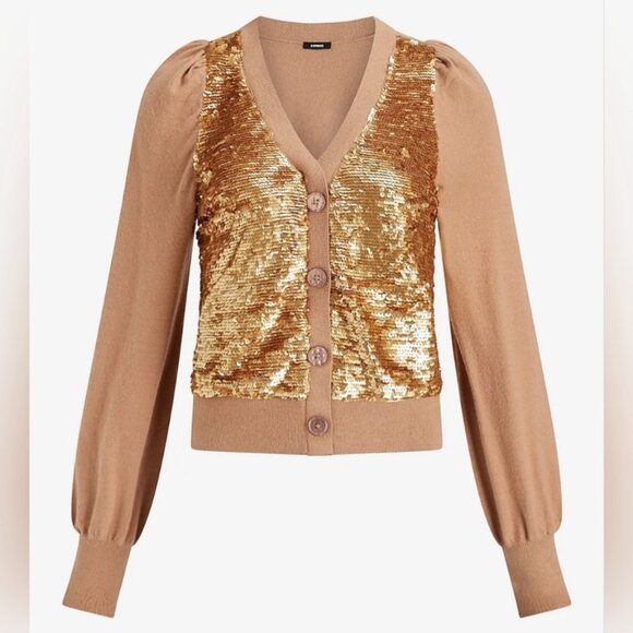 NWT Women's‎ EXPRESS Front Sequin Button Cardigan Camel/Gold | Size M - Picture 3 of 12